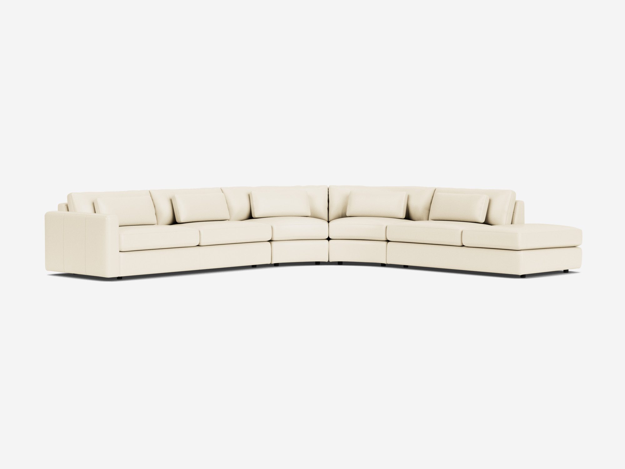 White curved leather sectional sofa with right hand chaise front angle view